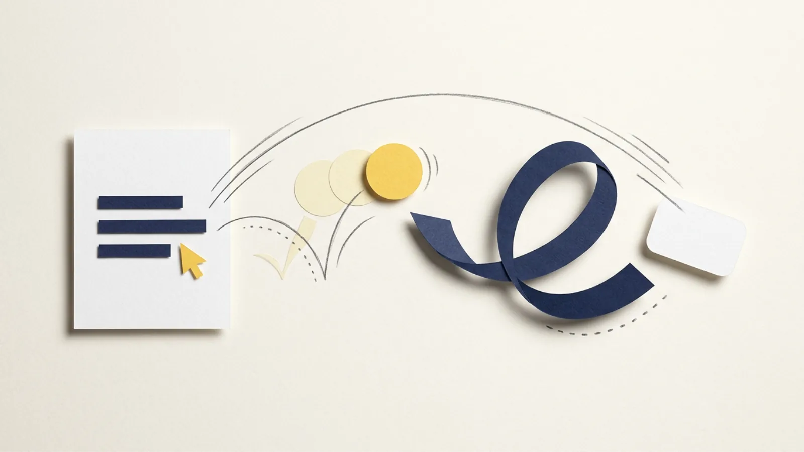 Paper illustration of the Voom process: a page of text turns into a bouncing ball, a looping ribbon and a finished card